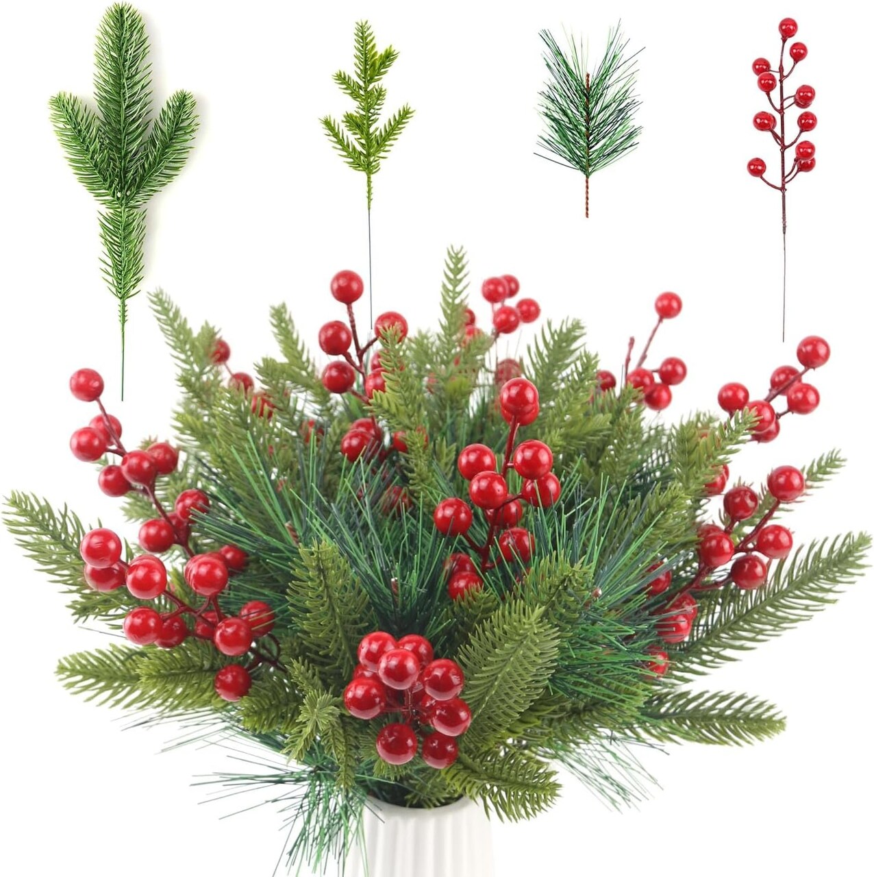 60 Pcs Artificial Christmas Greenery Faux Pine Branches with Red Berry Stems (Green, Red) 11.5"D x 0.3"W x 7.5"H